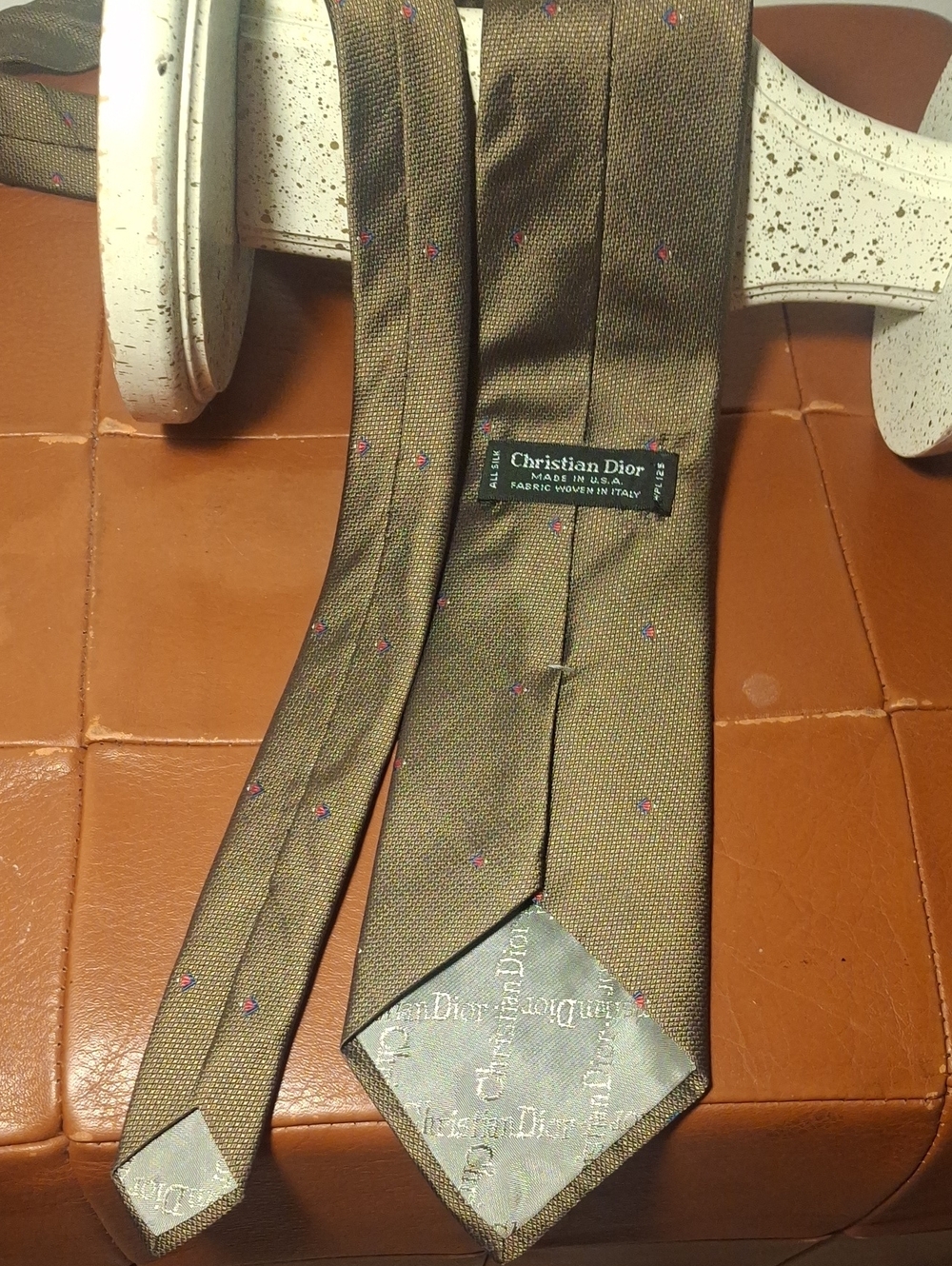 Dior Olive-Brown Silk Tie with Pink Micro-Dot Pattern